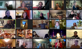 A Zoom screen showing 25 people with different instruments
